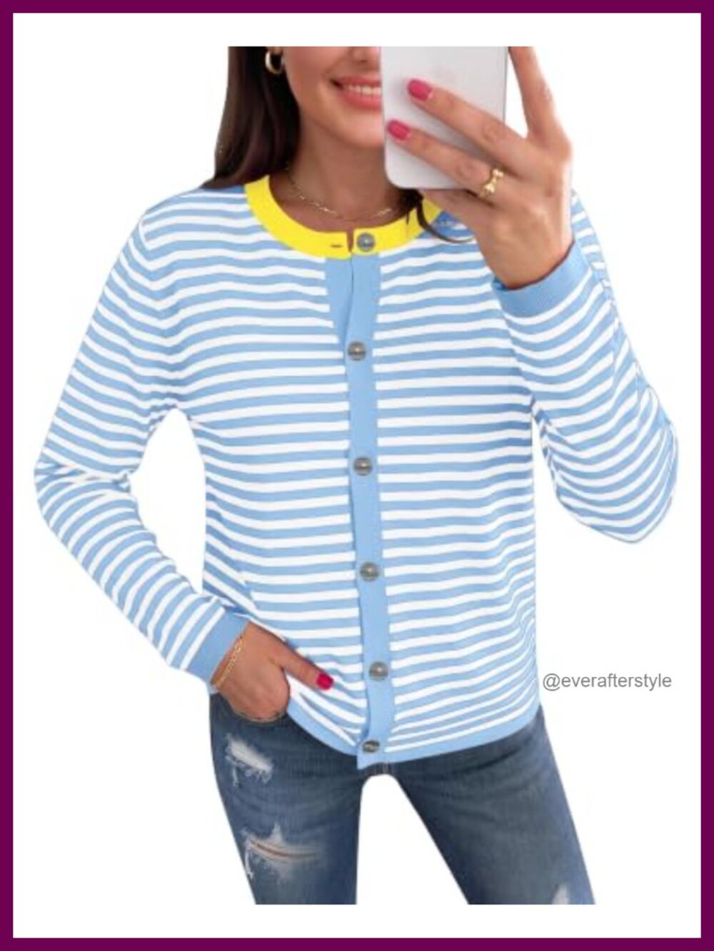 Striped Knit Cardigan Button Down Long Sleeve Round Neck Sweater